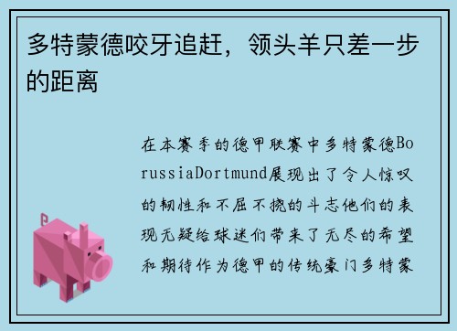 多特蒙德咬牙追赶，领头羊只差一步的距离
