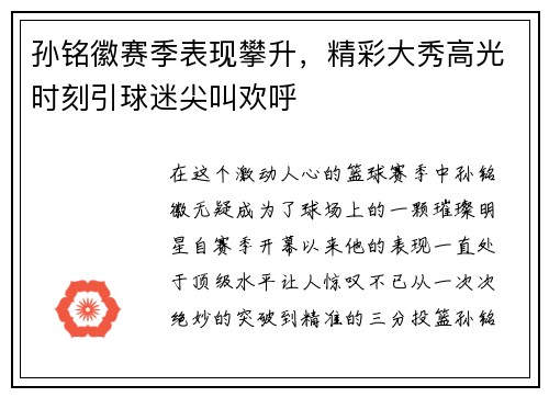 孙铭徽赛季表现攀升，精彩大秀高光时刻引球迷尖叫欢呼