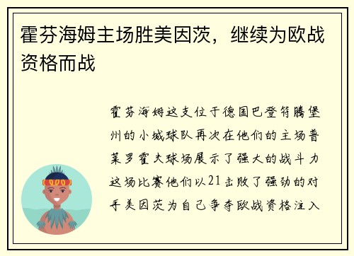 霍芬海姆主场胜美因茨，继续为欧战资格而战